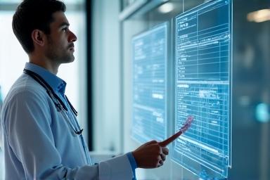 Medical professional interacting with digital health data screen